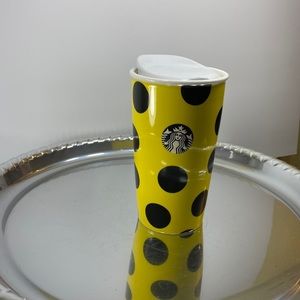 Starbucks Yellow and Black Polka Dot ceramic Travel Mug 12 Oz With Lid 2015
